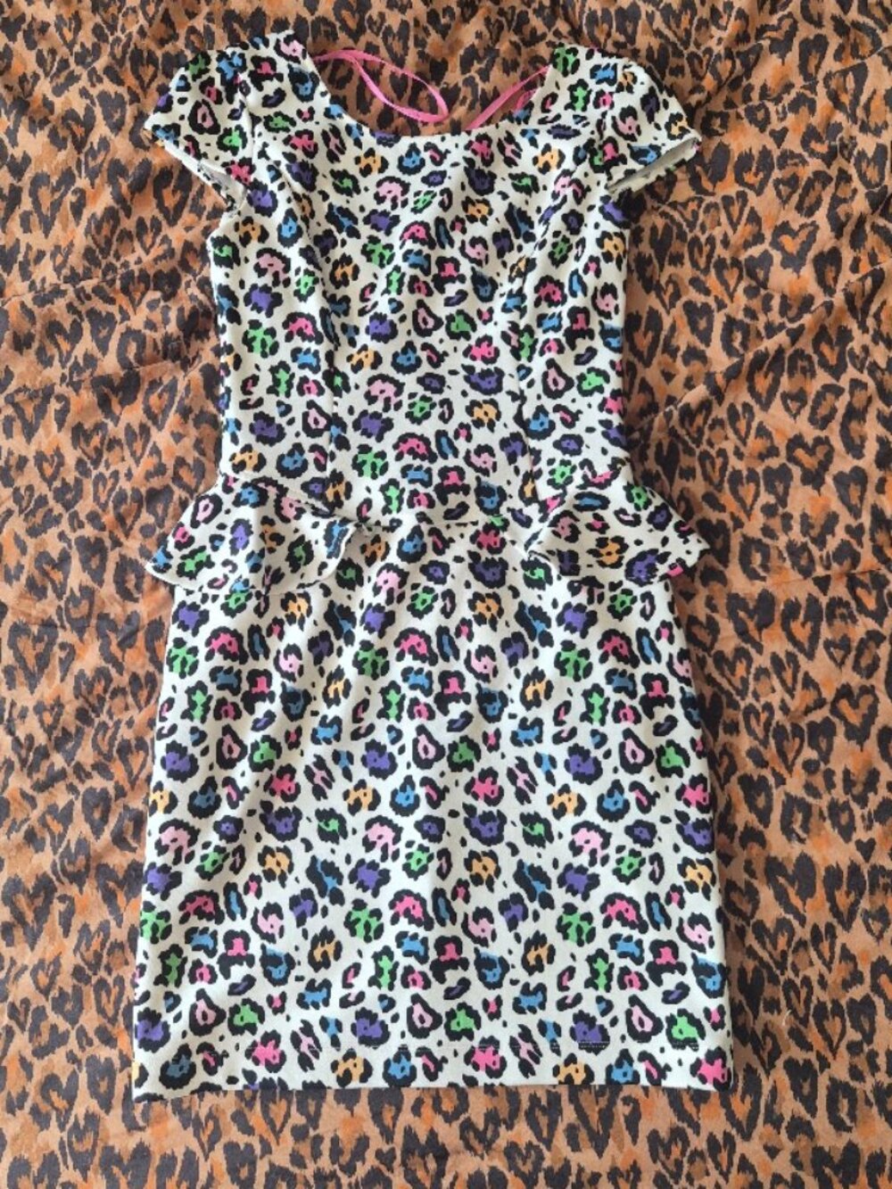 Y2K Betsey Johnson Rainbow Cheetah Print Peplum Dress - Size 6